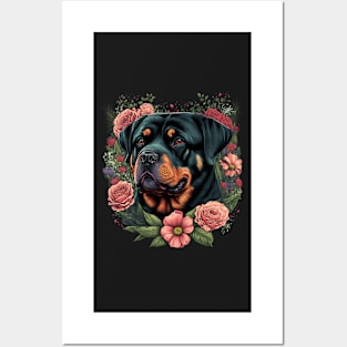 Rottweiler Dog and Flowers Posters and Art